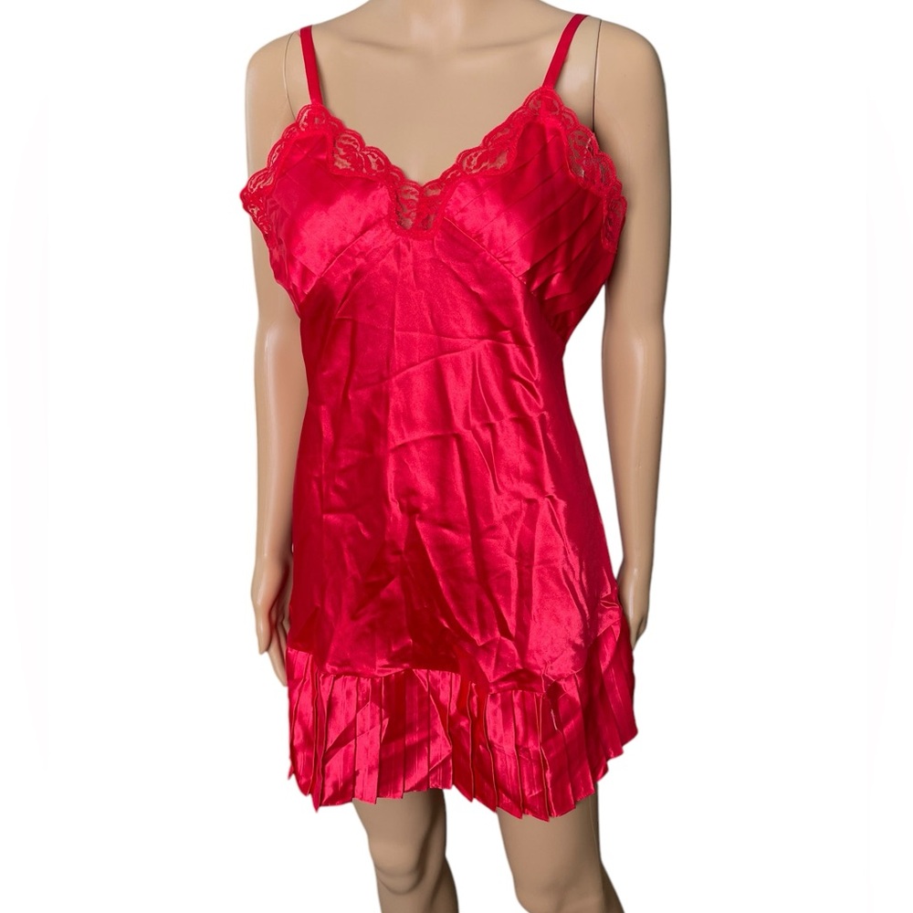 Lady Cameo Vintage 90s Red Satin Silky Pleated Lingerie Intimate Mini Slip Dress - Picture 1 of 6